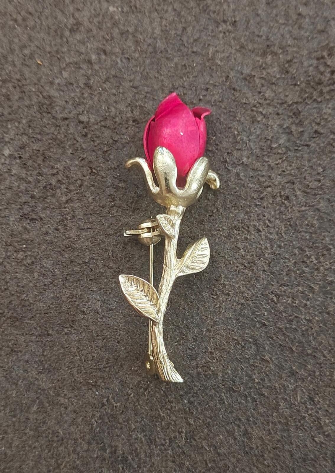 1980s Gold Tone Red Enamel Red Rose Bud With Single Stem Brooch