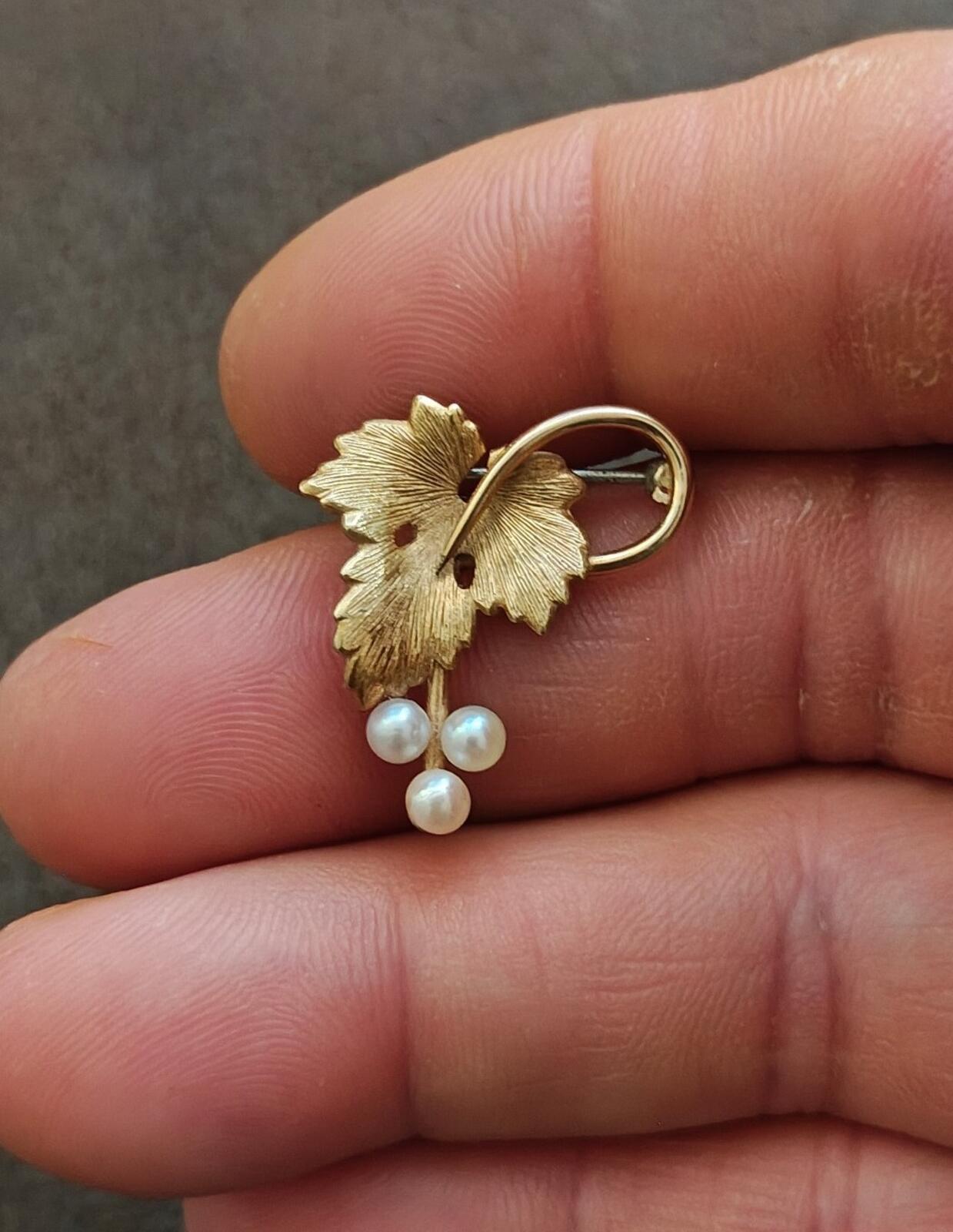 50s Rare Krementz Grape Vine Crafted With Gold Overlay & Cultured Pearls Brooch