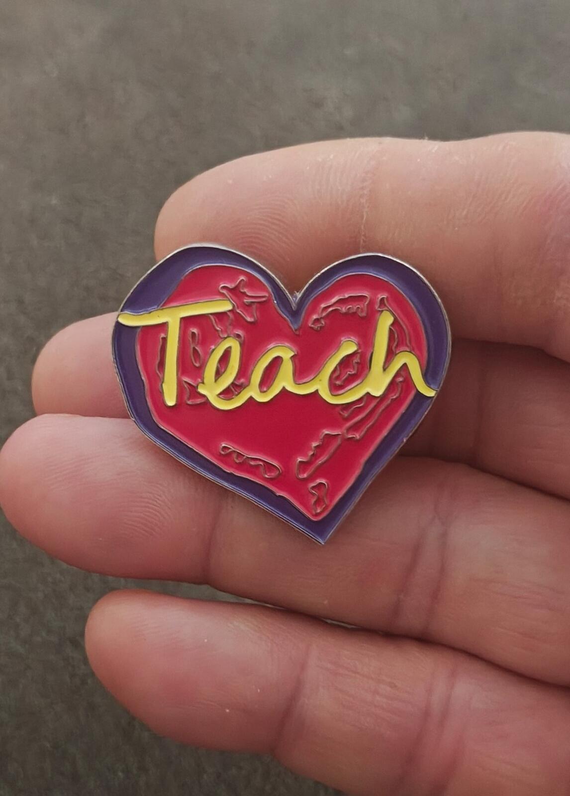 Penzeys "Teach" Heart Pin With Red, Purple & Yellow Enamel