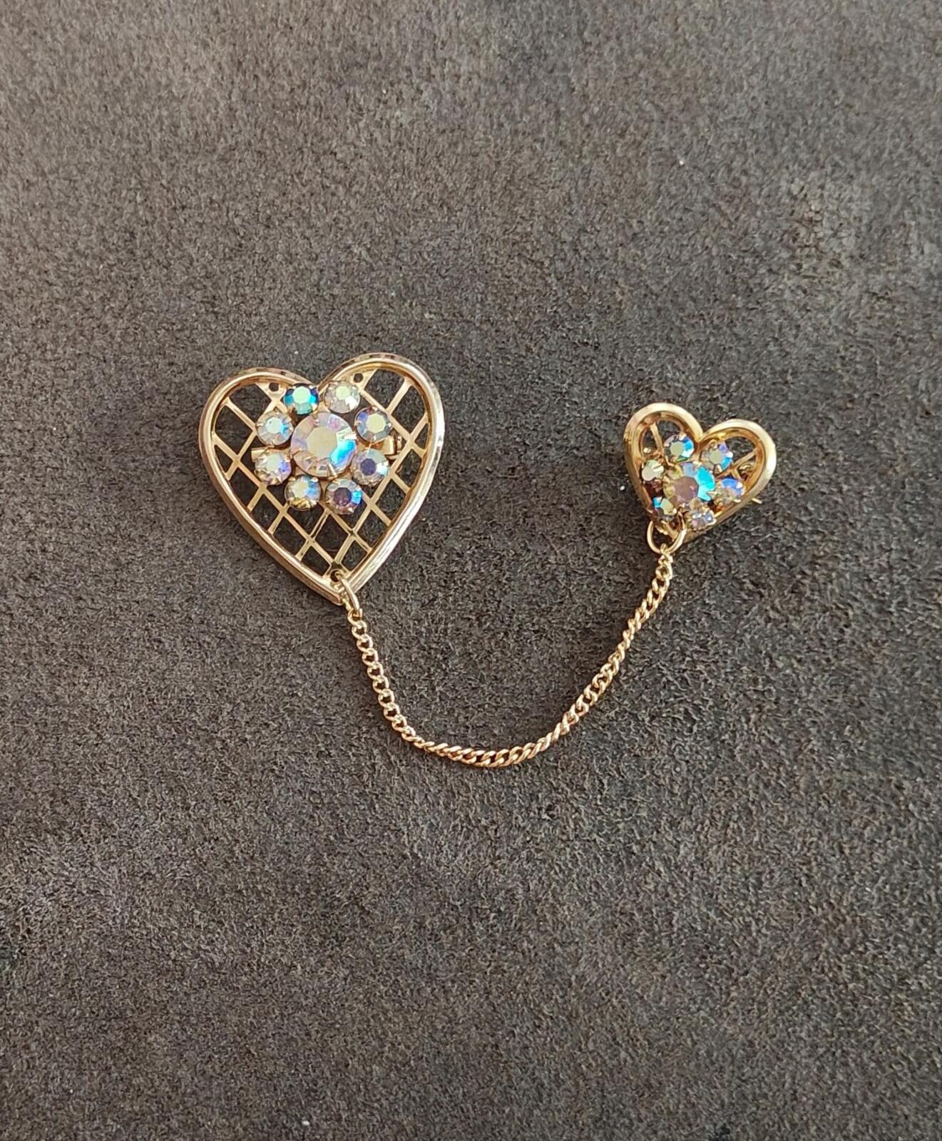 1950s Double Heart With Aurora Borealis Rhinestones Gold Tone Brooch