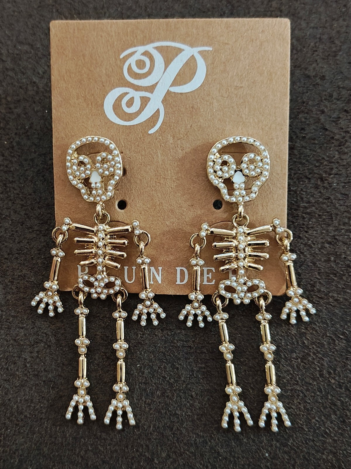 Plunder Design Halloween Pearl Skeleton Statement Gold Tone Earrings