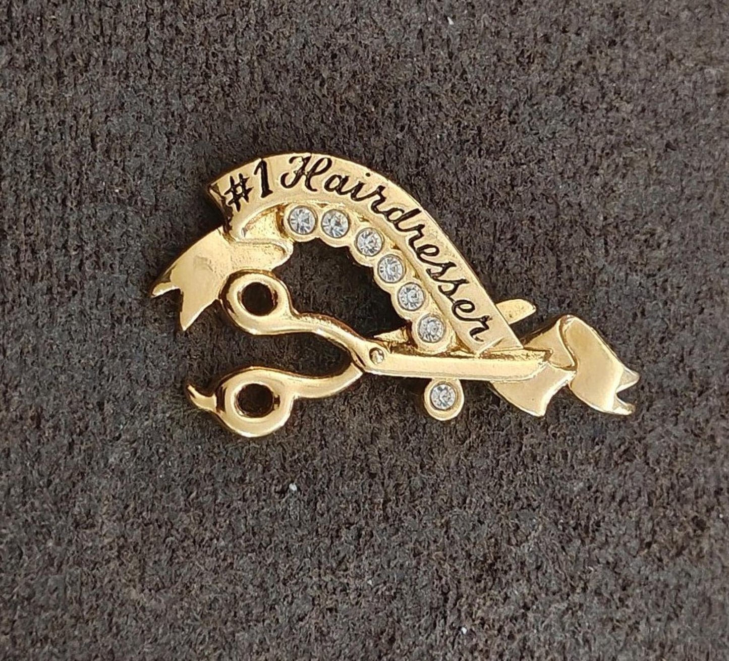 1980's Signed Avon #1 Hairdresser" Gold Tone With Clear Rhinestones Brooch