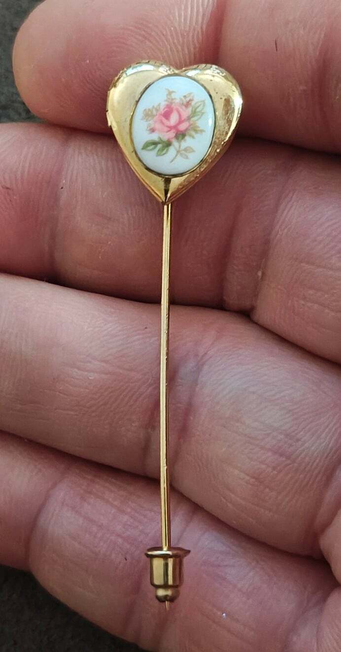 1970s/80s Gold Tone Victorian Revival Style Heart Shaped Floral Locket Stick Pin