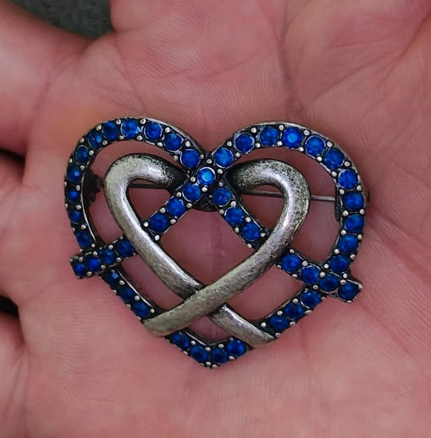 1980's Ornate Heart With Blue Rhinestones Pewter Brooch Pin