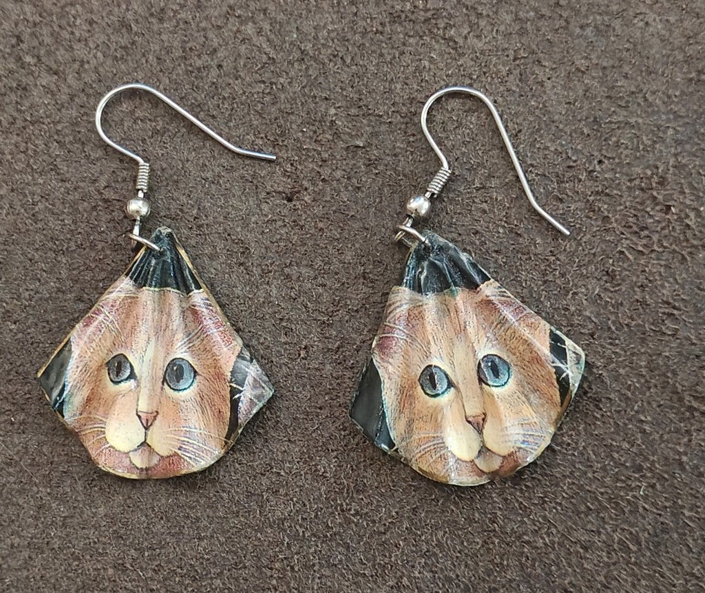 Handmade Cat Face Dangle Earrings Orange Tabby Kitten