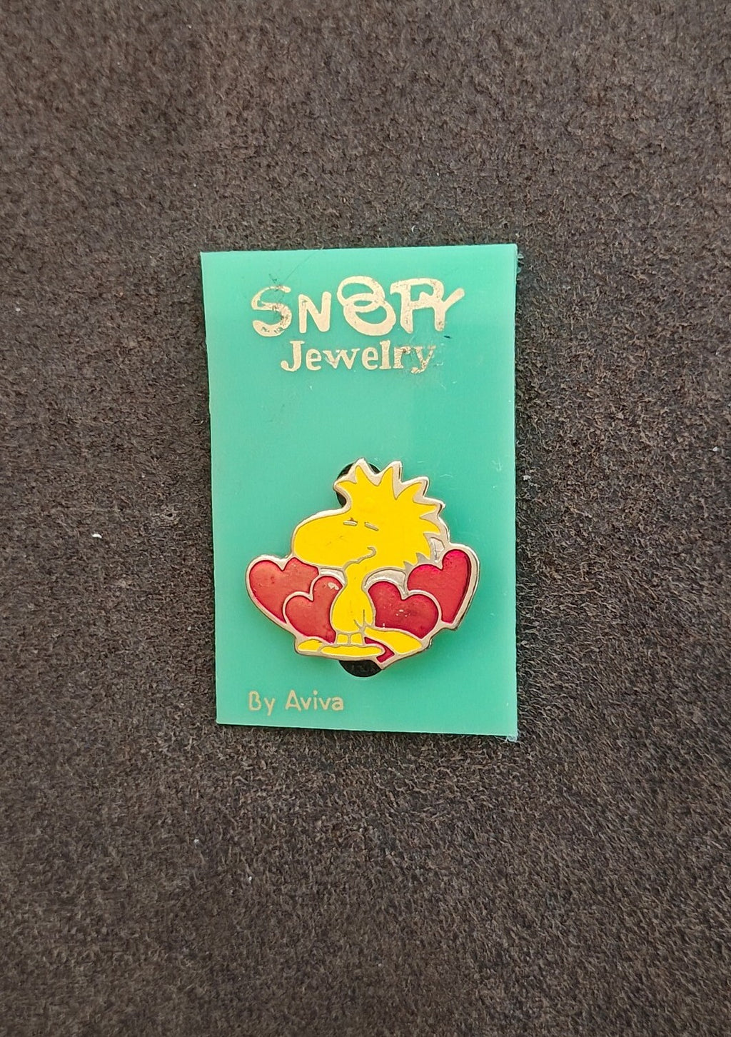 1970s/80s Aviva Peanuts Woodstock With Red Hearts Cloisonné Enamel Pin On Card
