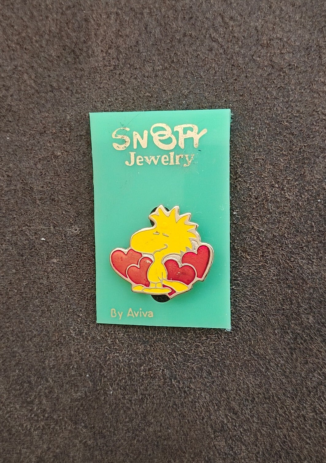 1970s/80s Aviva Peanuts Woodstock With Red Hearts Cloisonné Enamel Pin On Card