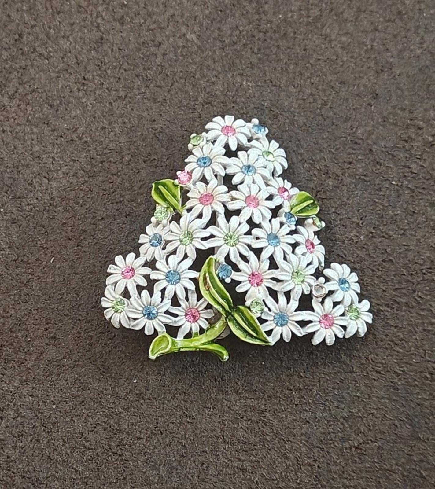 1960s Gold Tone White Flowers & Pink Blue Green Rhinestones Brooch