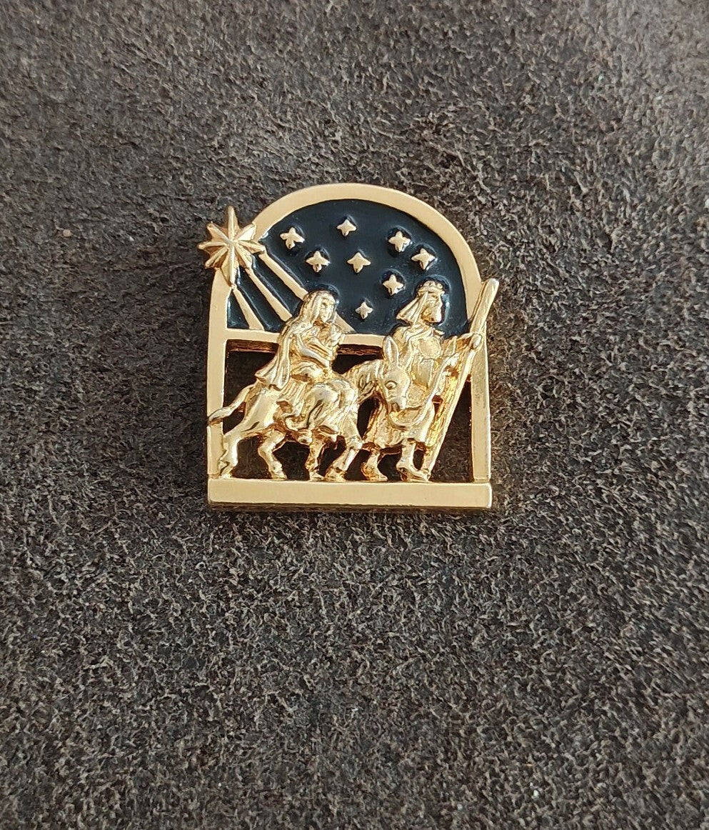 1994 Avon "Holy Family" Nativity Christmas Gold Tone & Dark Blue Enamel Pin