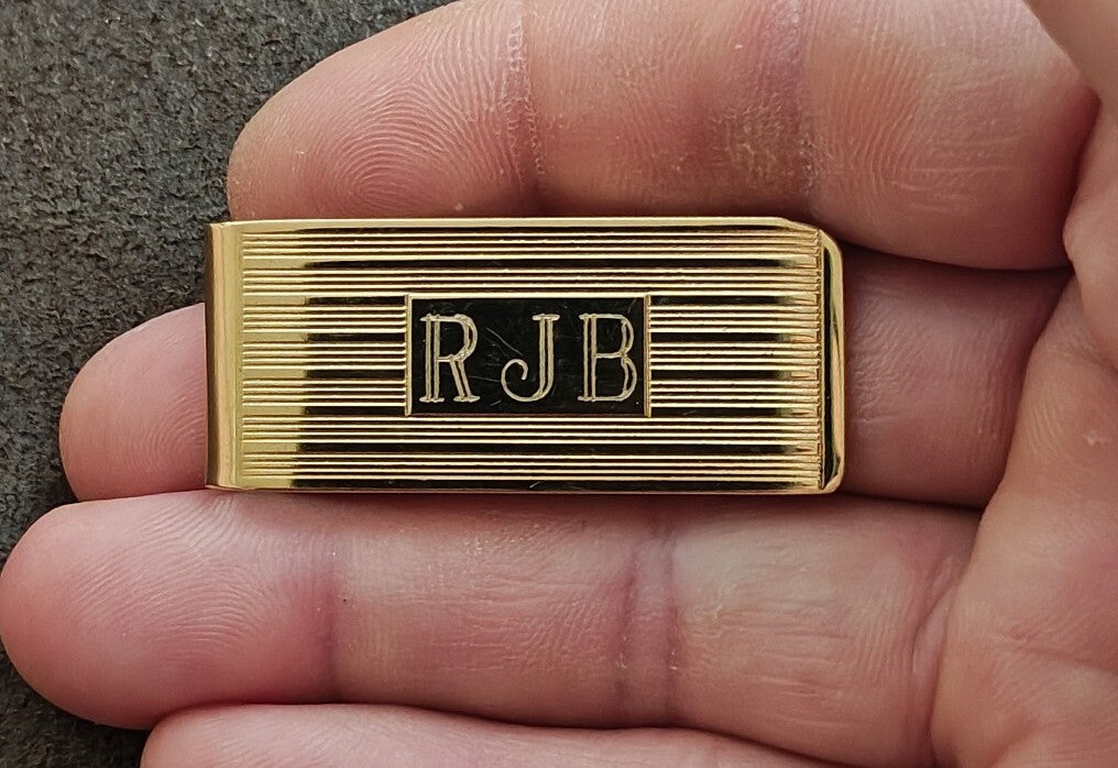 1960s Gold-Tone Engine-Turned Money Clip Monogrammed "RJB"