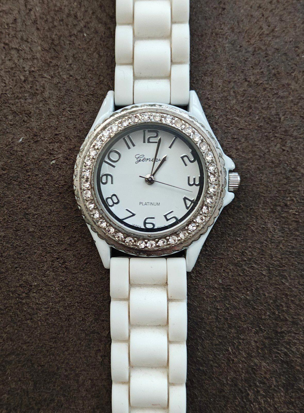 Geneva Platinum White Dial Rhinestone Encrusted White Silicone Band Ladies Watch