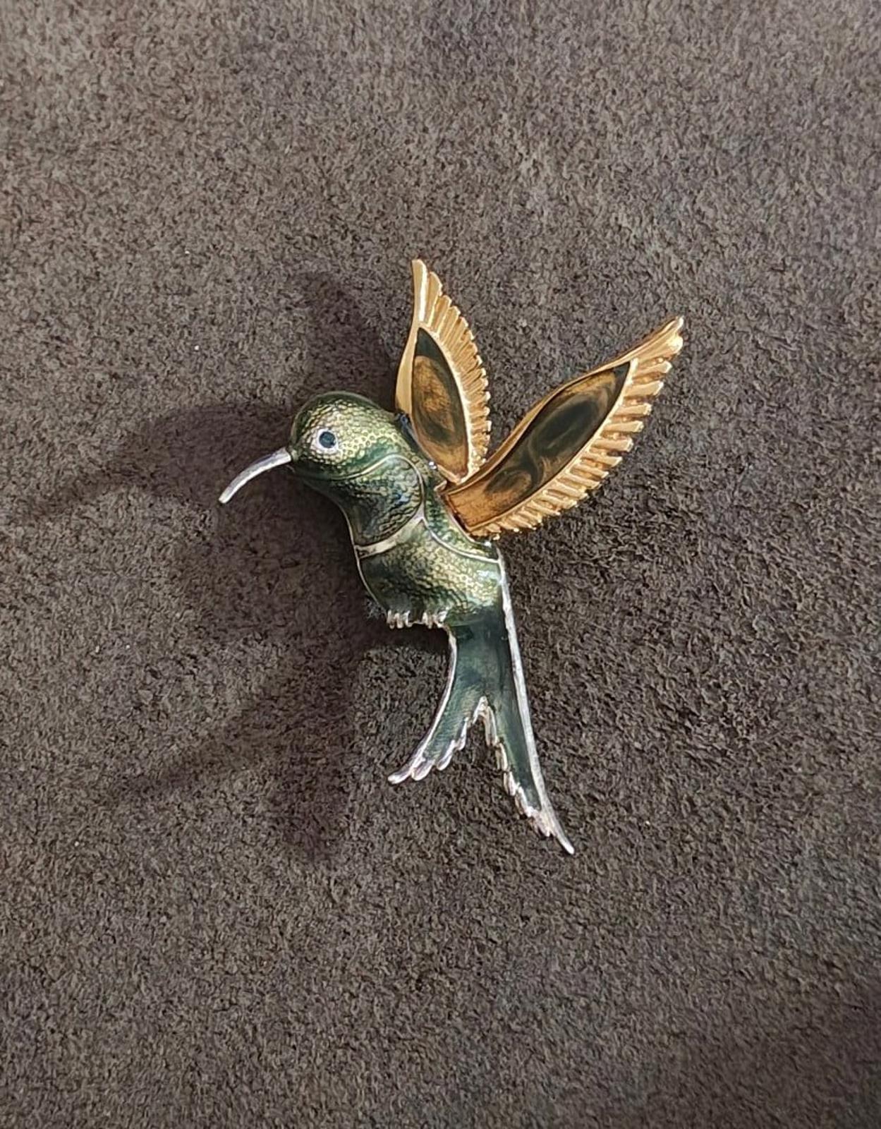 1980's Silver And Gold Tone With Green Enamel Hummingbird Brooch Pin