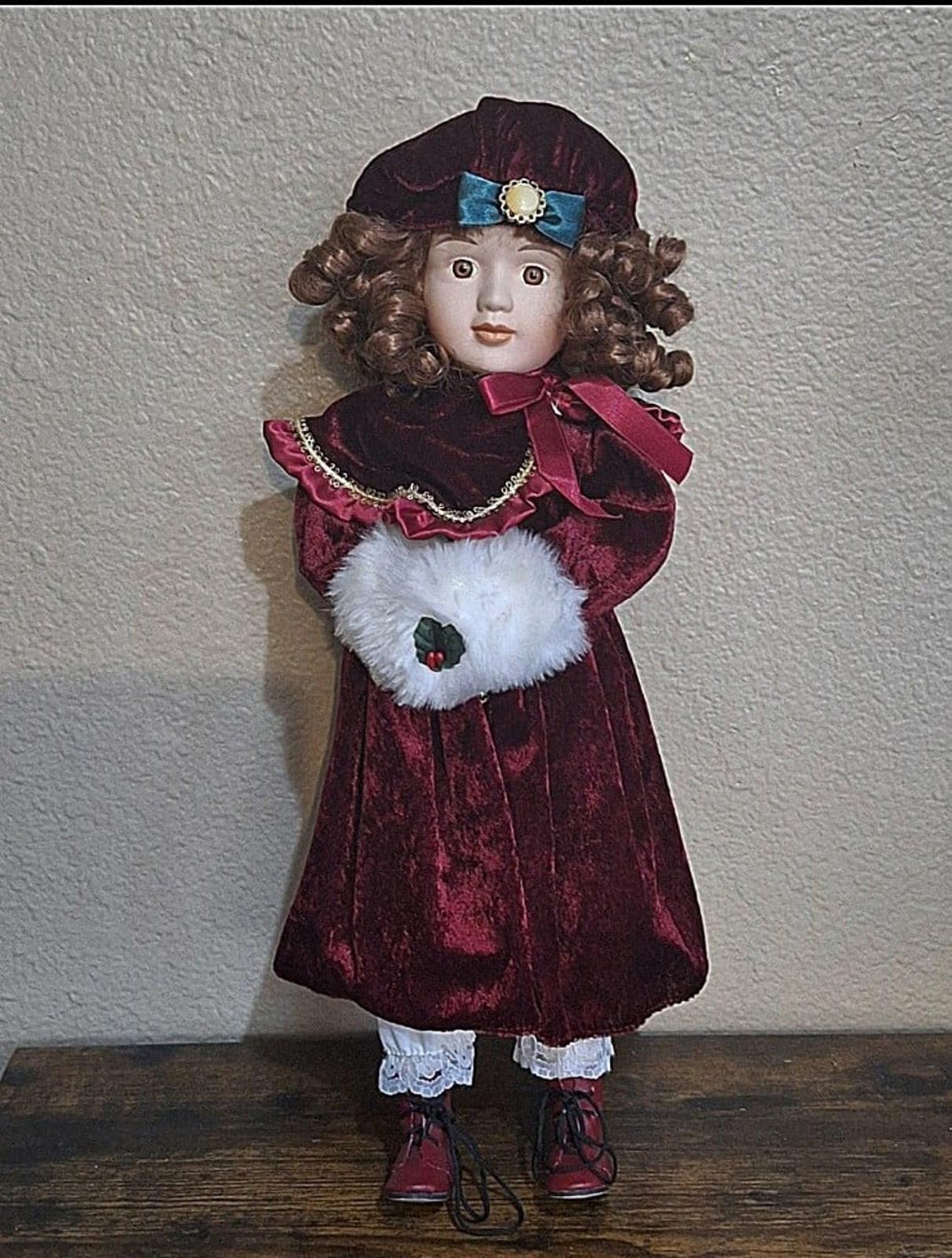1983 Enesco Porcelain Christmas 17" Tall Doll With Cloth Body