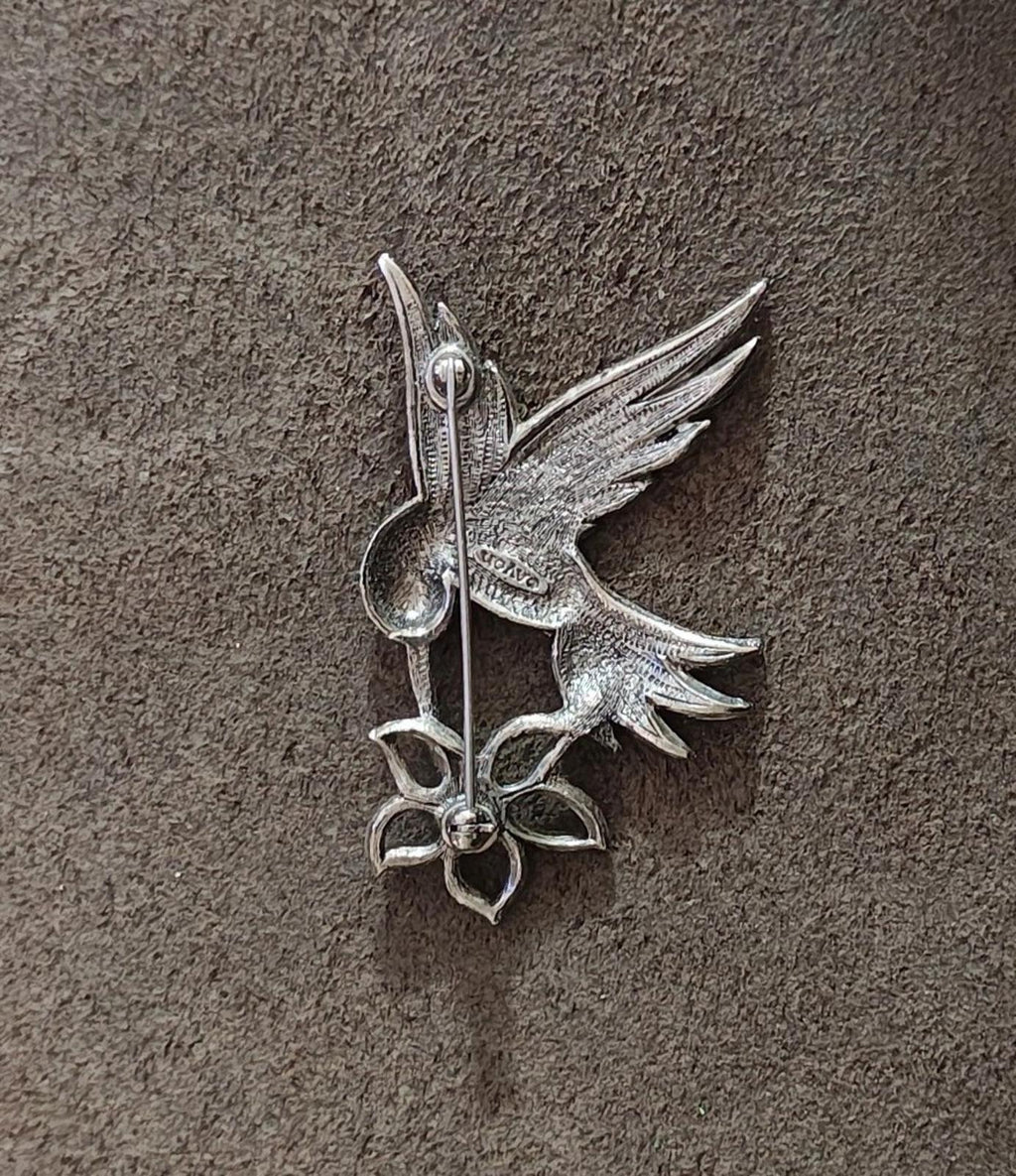 1990s Avon Silver Tone With Purple Rhinestone Eye Hummingbird Brooch Pin