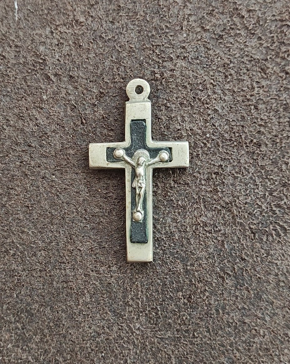 1930s Art Deco French Catholic Pectoral Crucifix With Ebony Wood Inlay Pendant