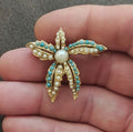 1970s/80s Gold Tone Starfish With Faux Turquoise Beads & Faux Pearls Brooch Pin