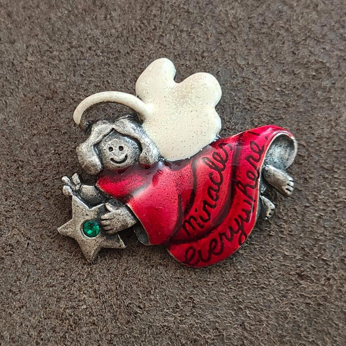 1980's Glittery Enamel Angel with Rhinestone Brooch