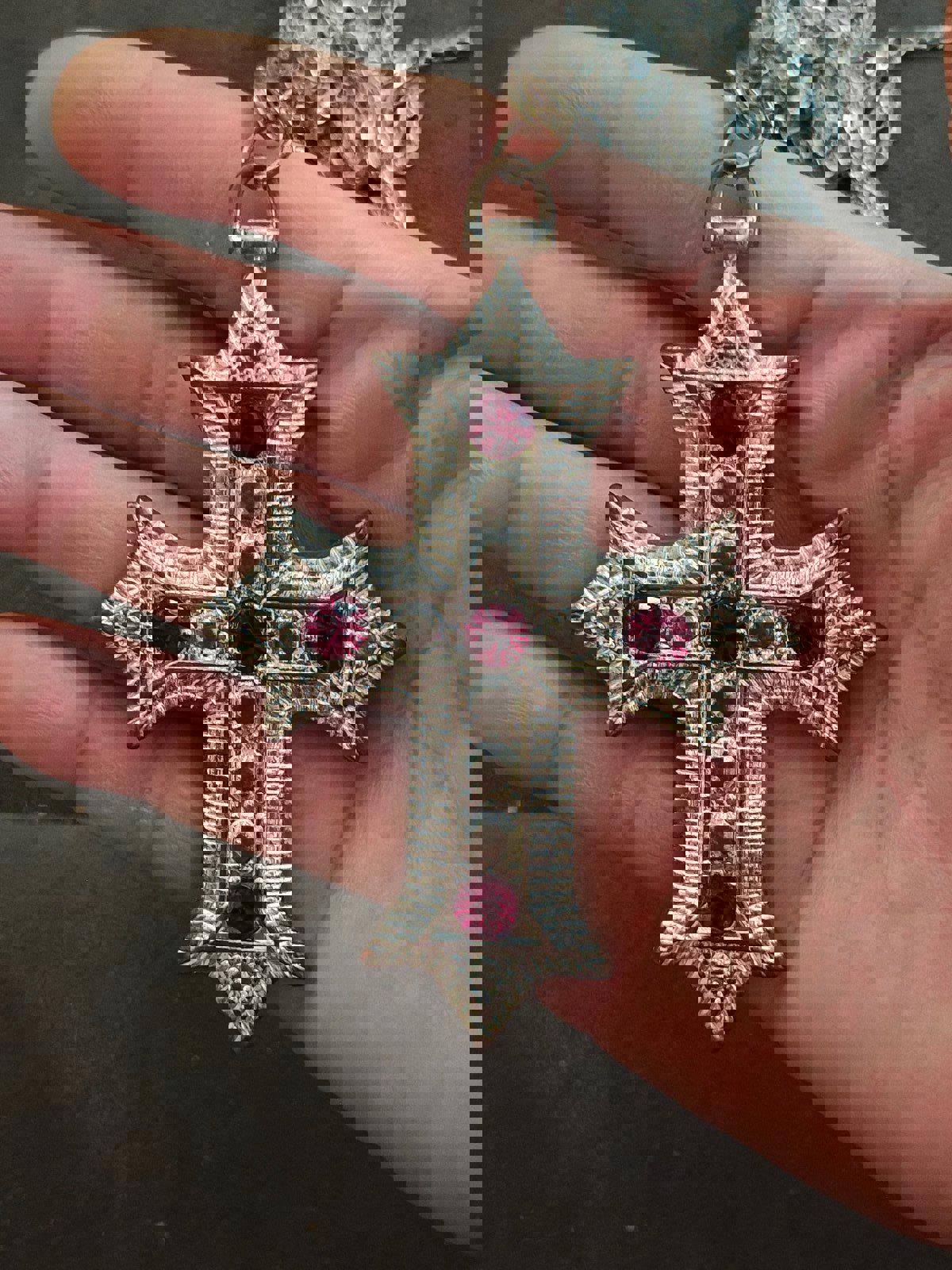 1990's Gothic Silver Tone Cross With Red Rhinestones Pendant Necklace