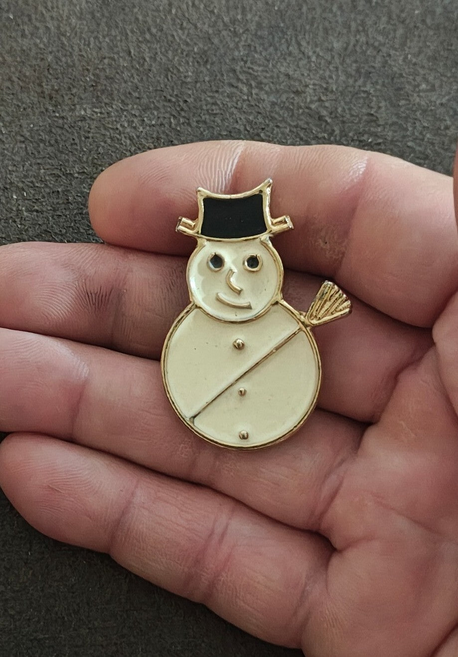 1980s Gold Tone Enamel Holiday Snowman Brooch
