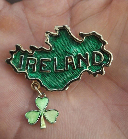 Gold Tone Ireland With Country Outline & Dangling Clover/Shamrock