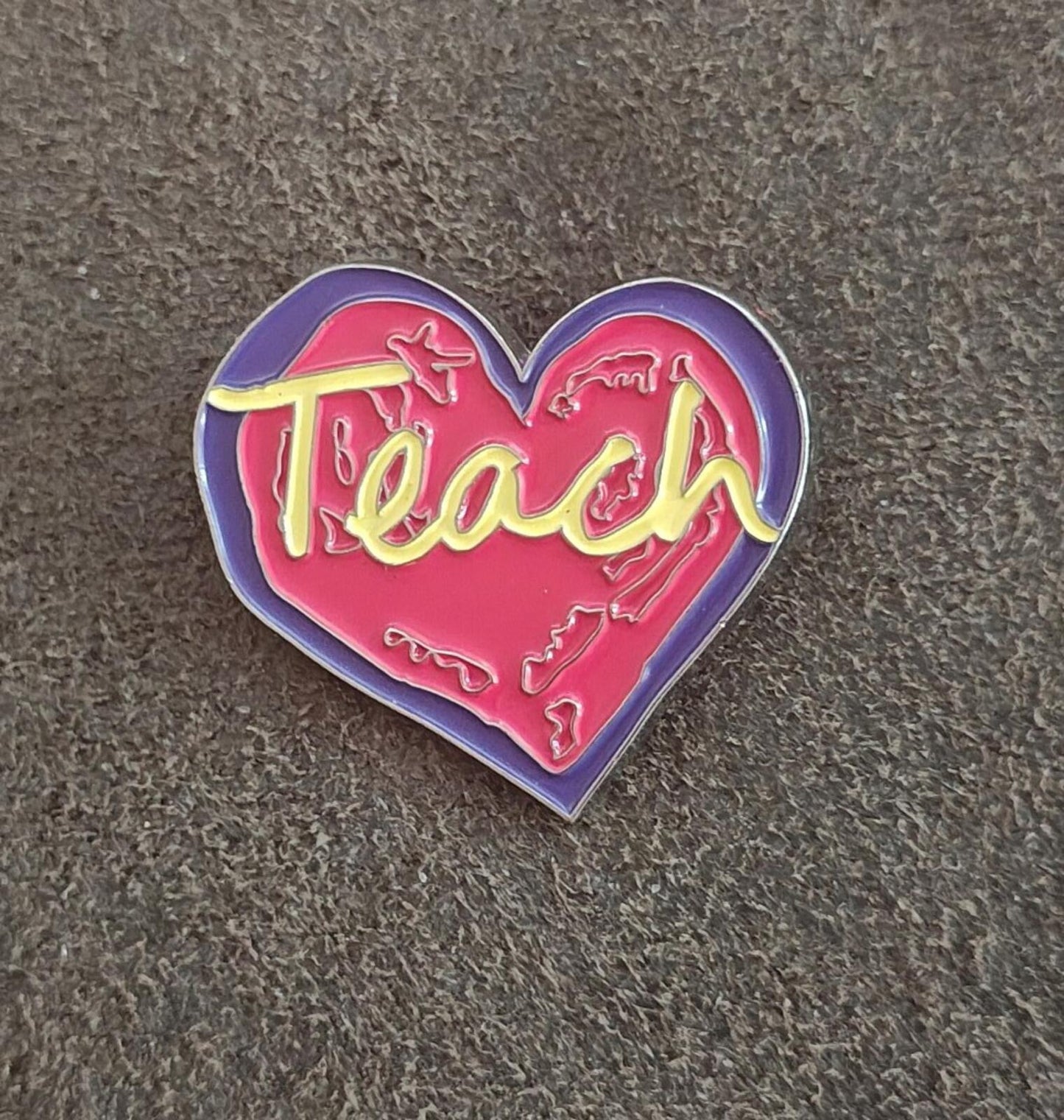 Penzeys "Teach" Heart Pin With Red, Purple & Yellow Enamel