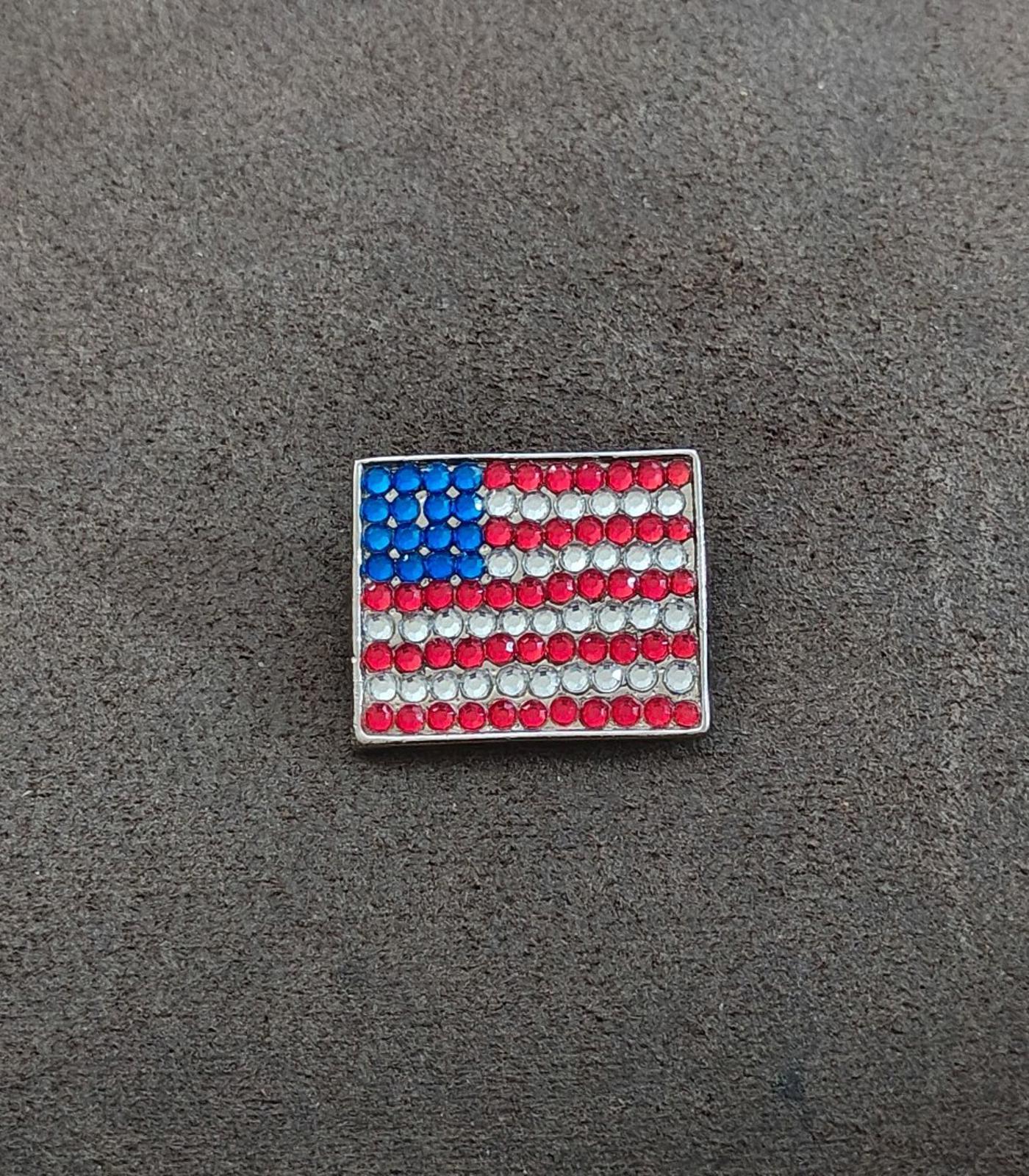 1980s Gold Tone American Flag With Red White and Blue Rhinestones Brooch