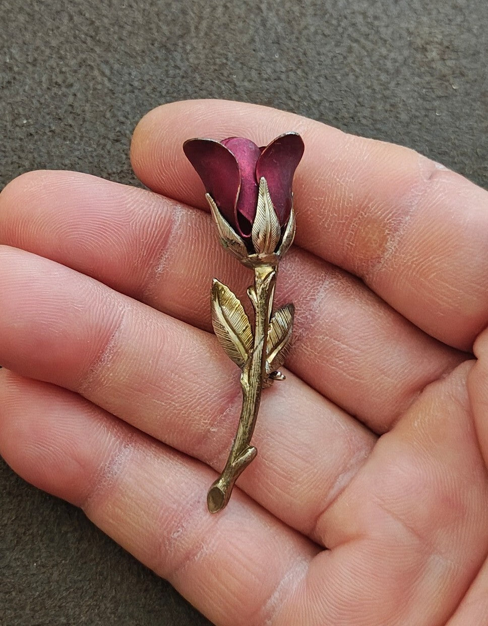 1960s Gold Tone Red Enamel Rose Bud With Stem Brooch Pin