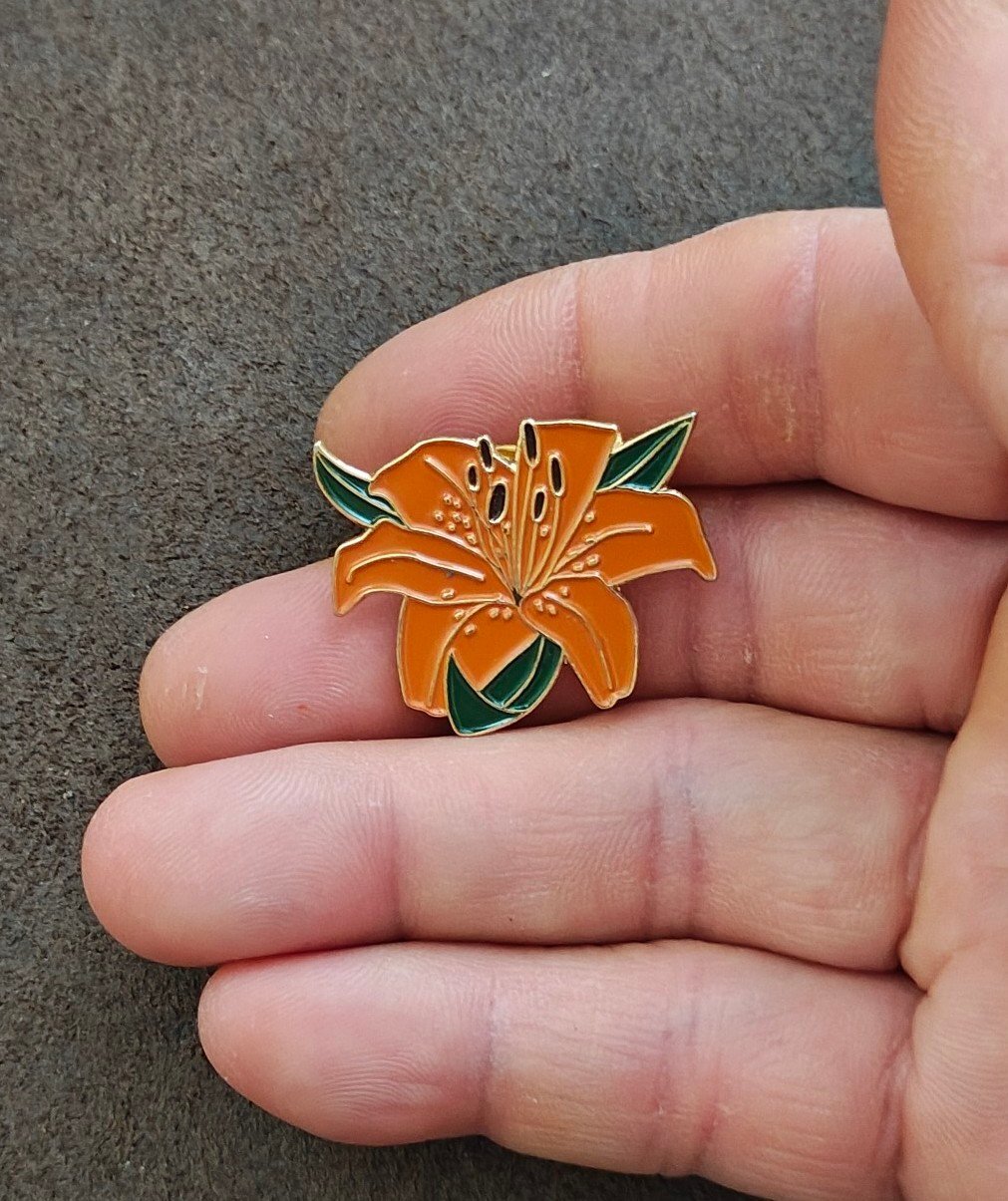 Colorful PinMart's Orange Tiger Lily Flower Enamel Gold Tone Pin