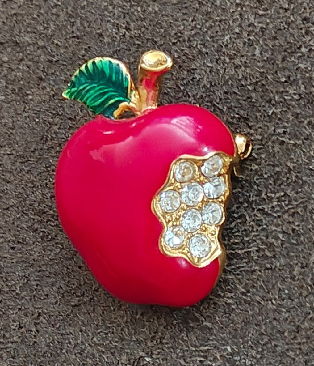 1990s Gold Tone Red & Green Enamel & Rhinestone Bitten Apple Brooch Pin