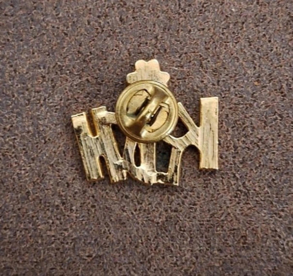Gold-tone back of Irish enamel pin with circular clasp, on textured surface.