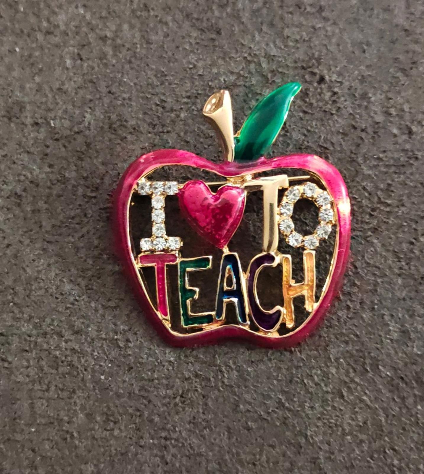 1980s "I Love To Teach" Apple Gold Tone With Rhinestones Enamel Brooch