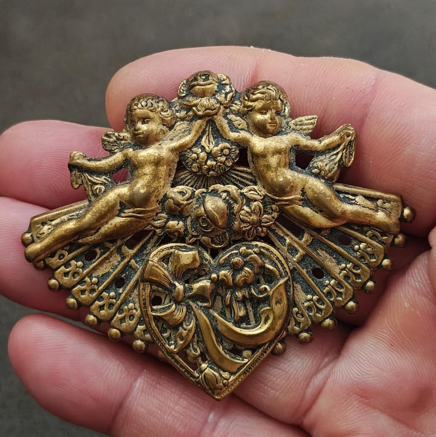 1970s/80s Gold Tone Renaissance Revival Style Double Cherub Brooch