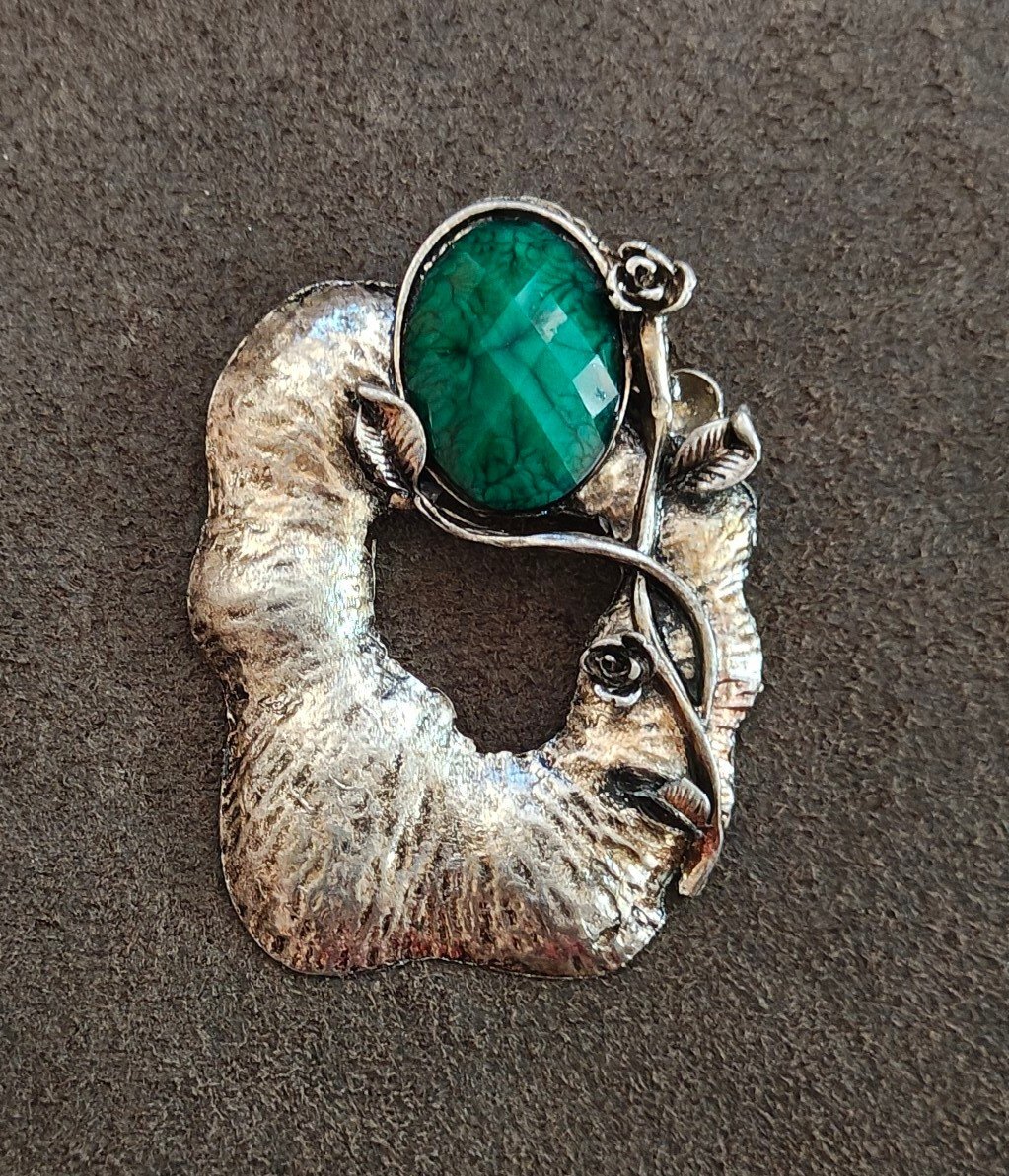 1960s Modernist/Brutalist Style Silver Tone Pendant With Green Stone