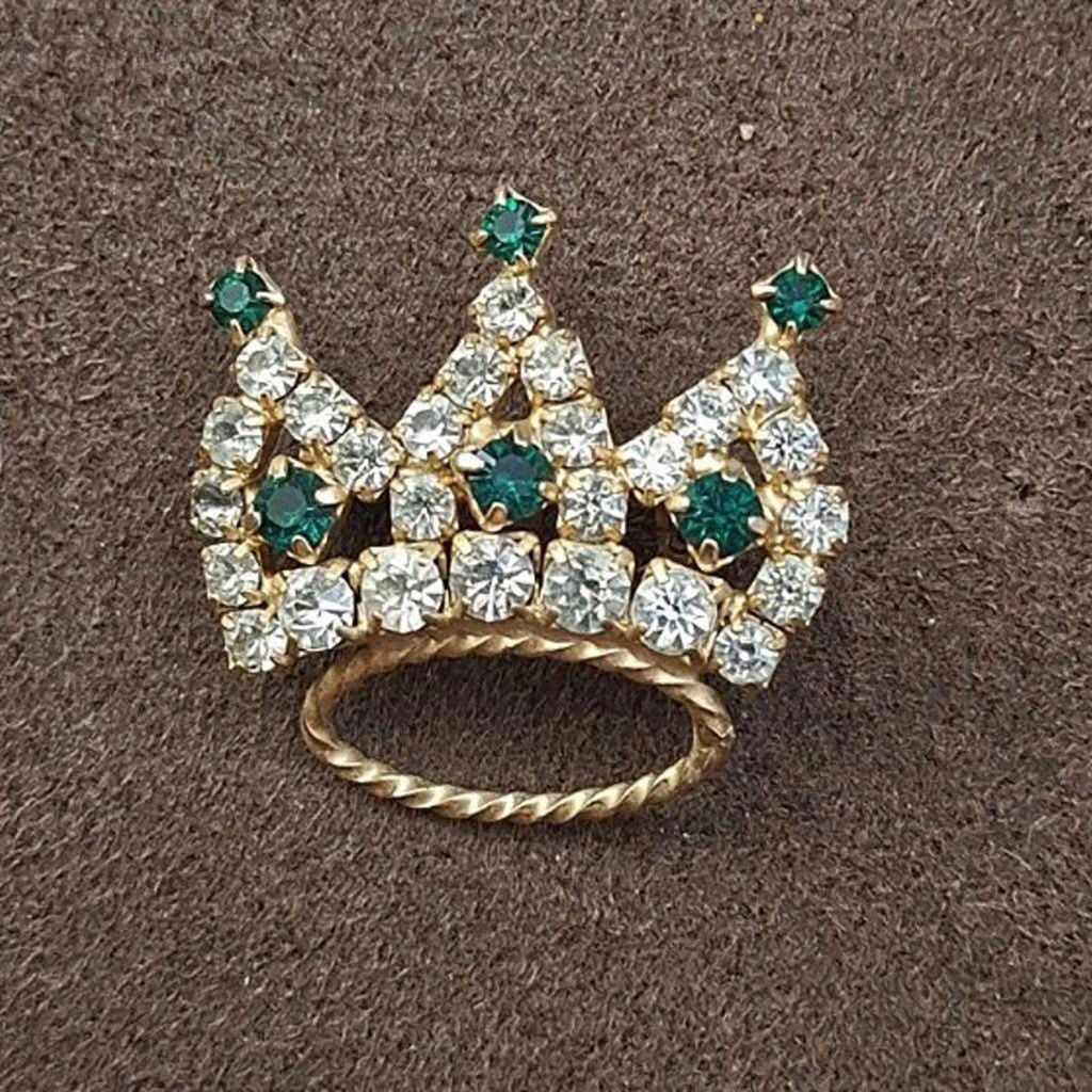 Crown tiara rhinestone brooch with green gemstone accents and clear rhinestones