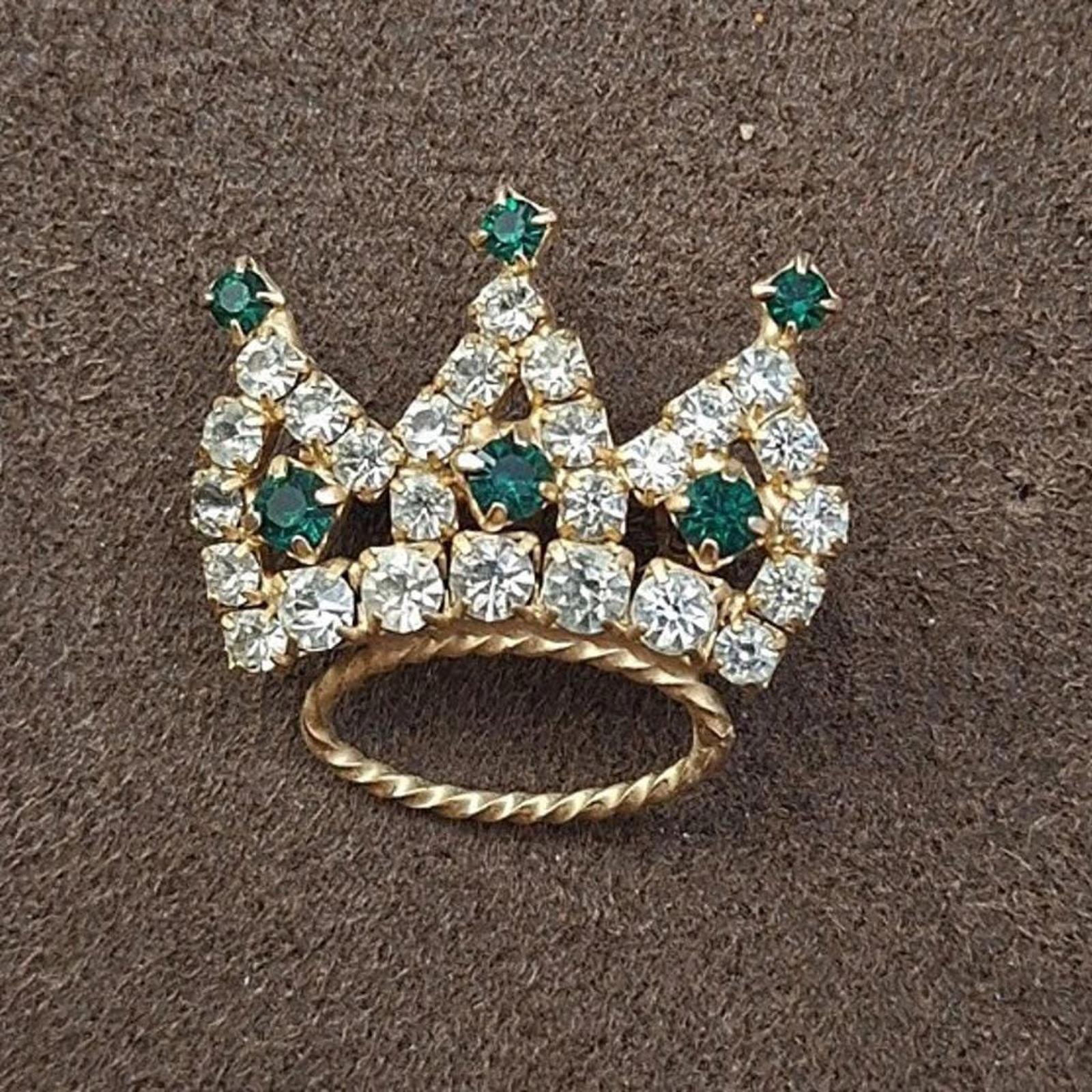 Crown tiara rhinestone brooch with green gemstone accents and clear rhinestones