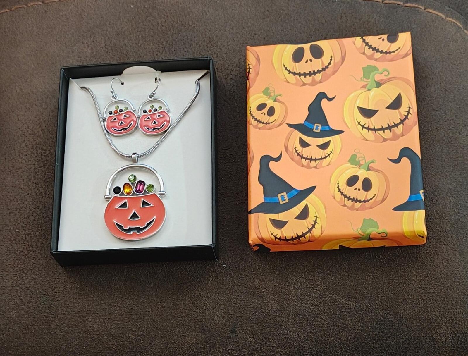 3 Pc Silver Tone Set Of Halloween Orange Jack-o-Lantern Earrings n Necklace