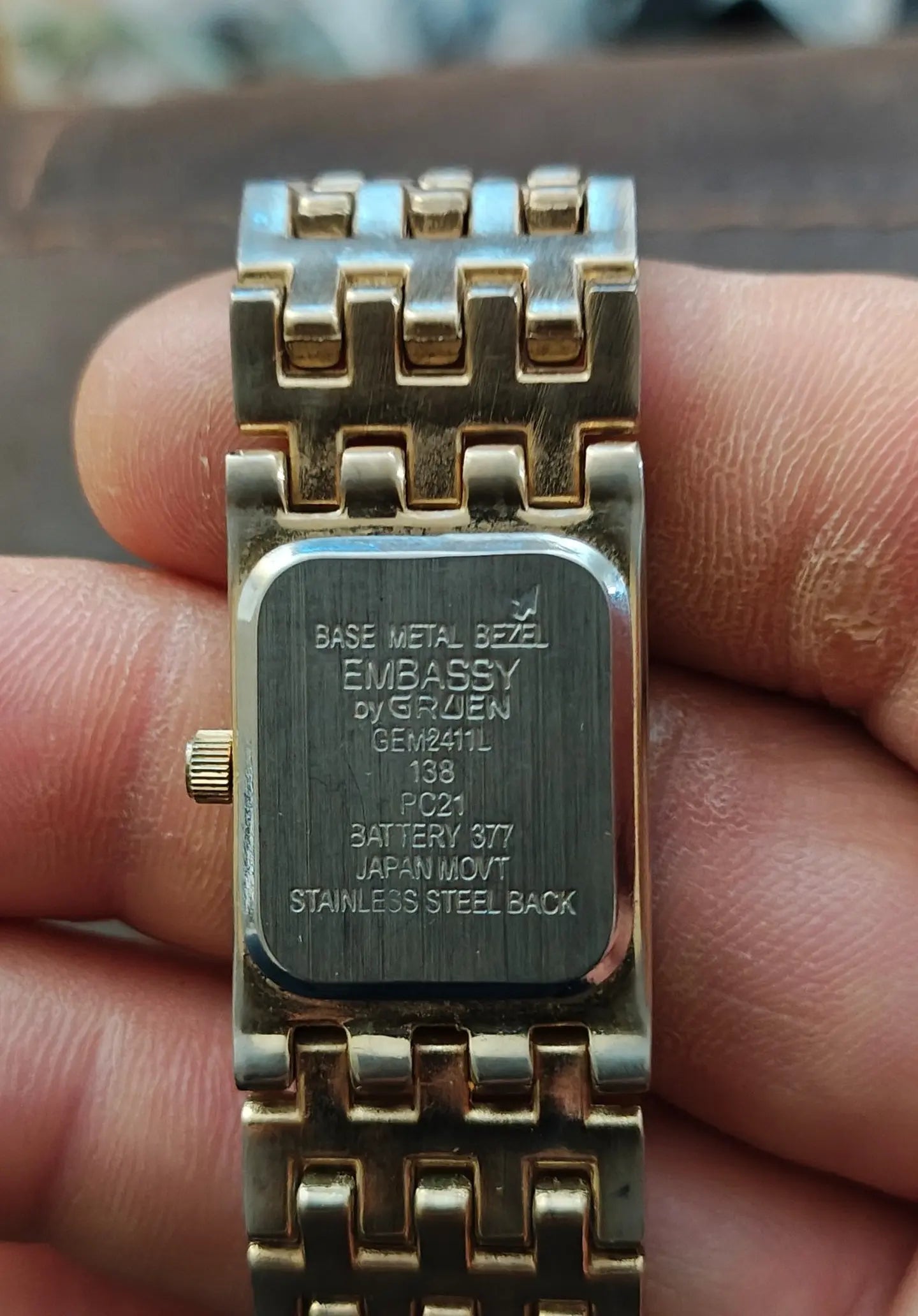 1990s Embassy by Gruen Gold Tone With Black Dial Ladies Diamond Accent Watch