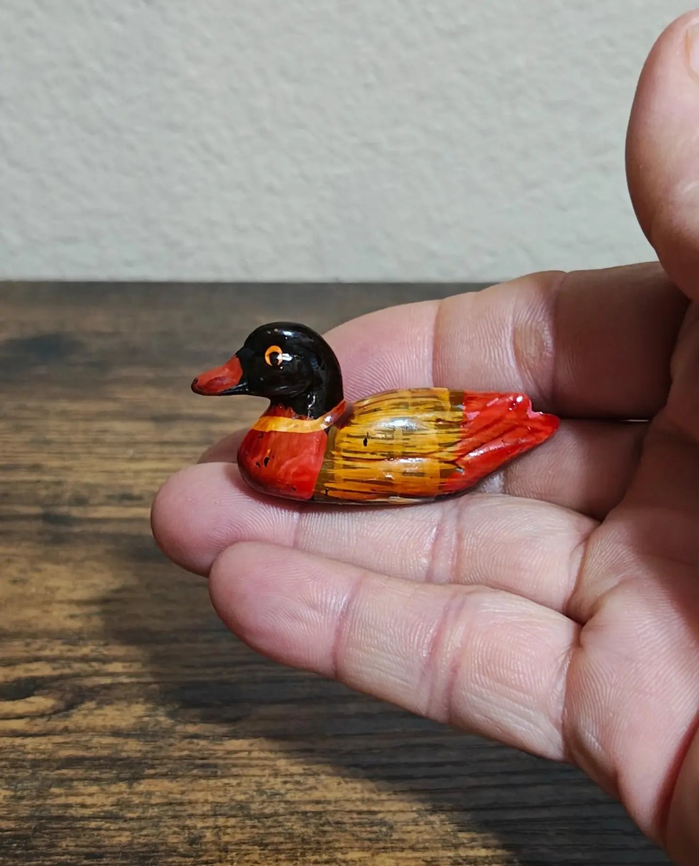 1980s Handmade Hand painted Small Mandarin Duck Wood Figurine