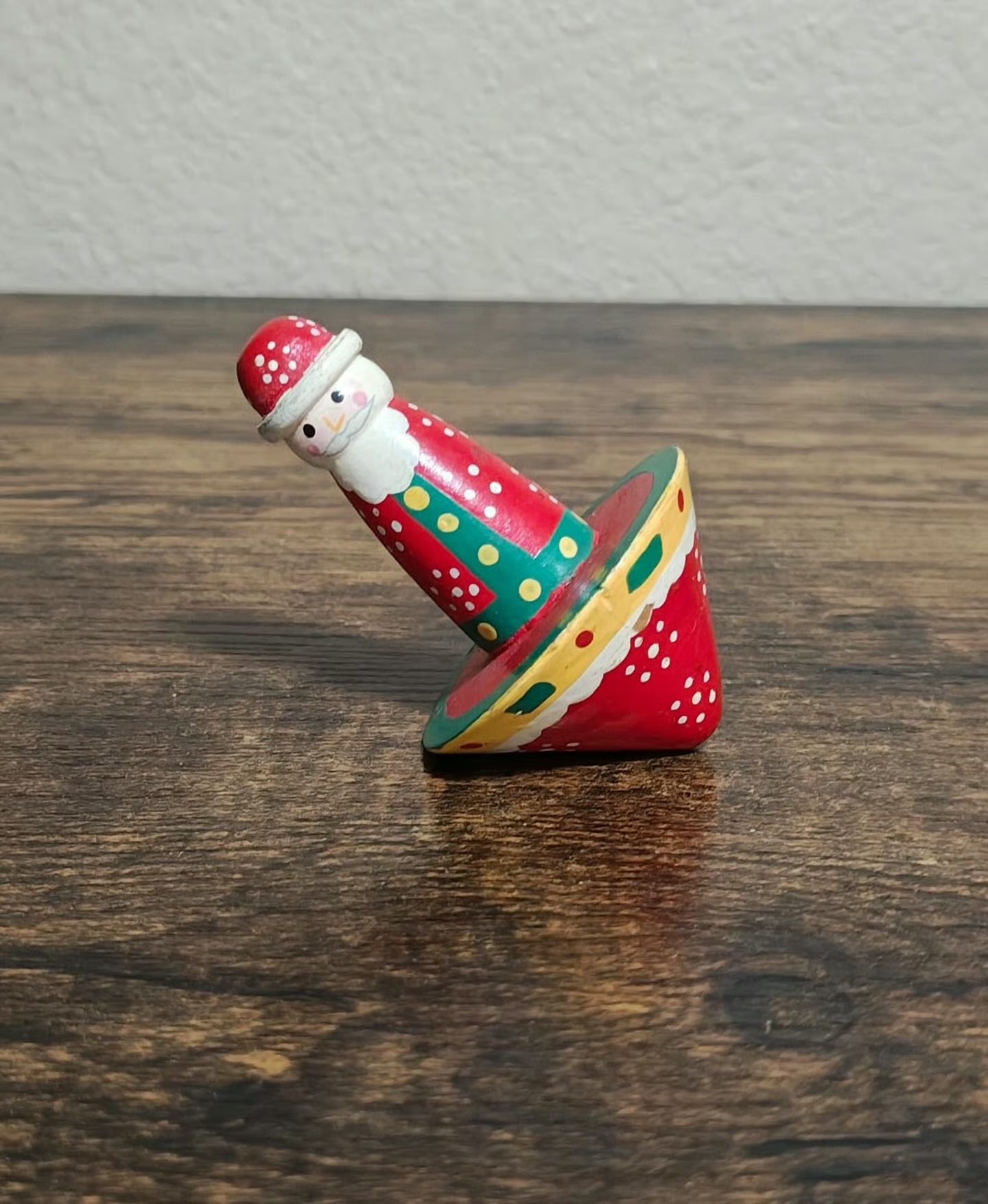 1970s Vintage Folk Art Hand Painted Santa Wooden Spinning Top Toy
