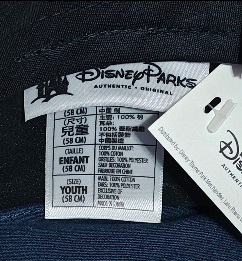 Blue Mickey Mouse ears conductor hat with Disney Parks authenticity label tag