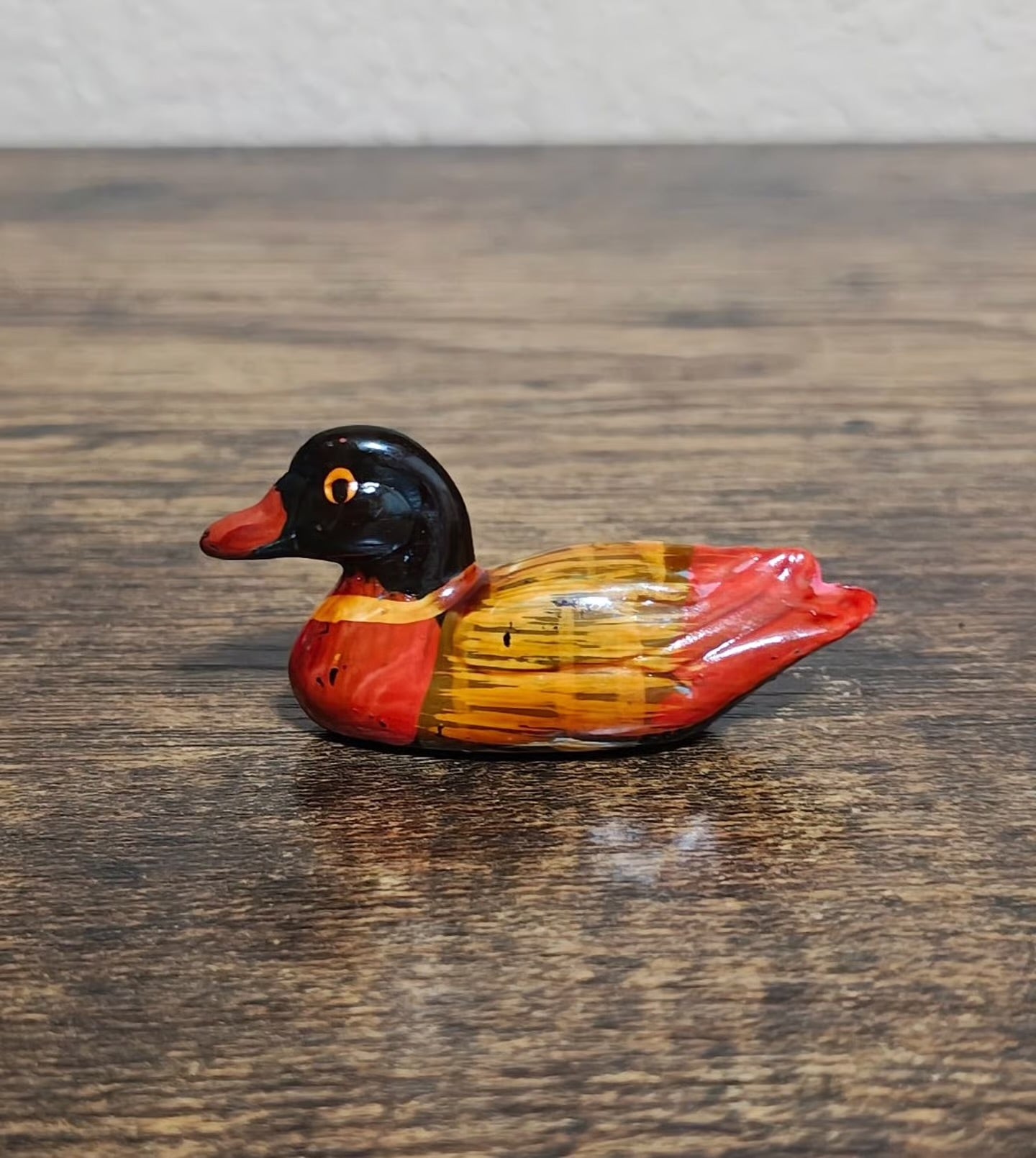 1980s Handmade Hand painted Small Mandarin Duck Wood Figurine