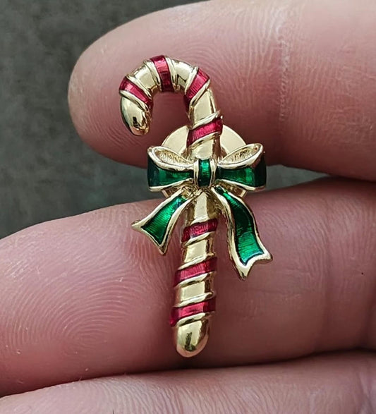 1980s Vintage Avon Candy Cane Gold Tone Enamel Pin