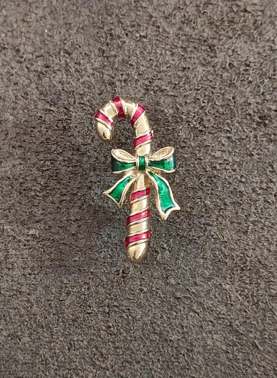 1980s Vintage Avon Candy Cane Gold Tone Enamel Pin