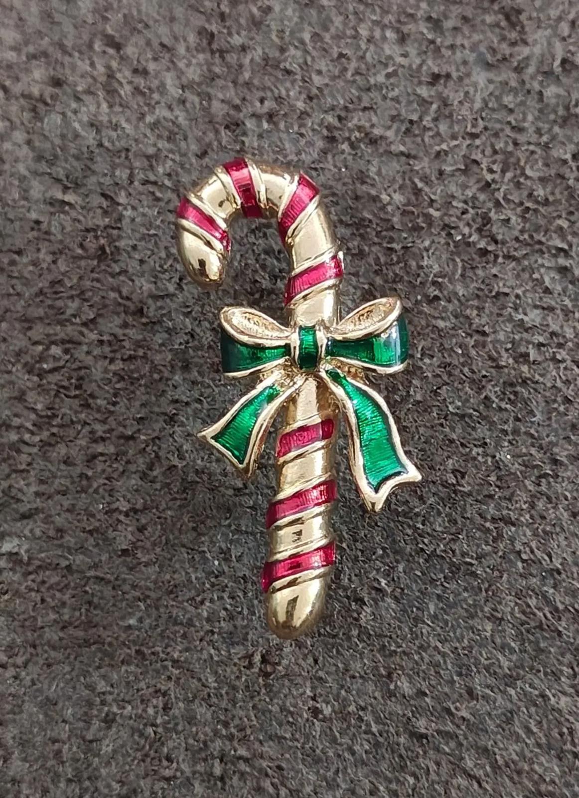 1980s Vintage Avon Candy Cane Gold Tone Enamel Pin