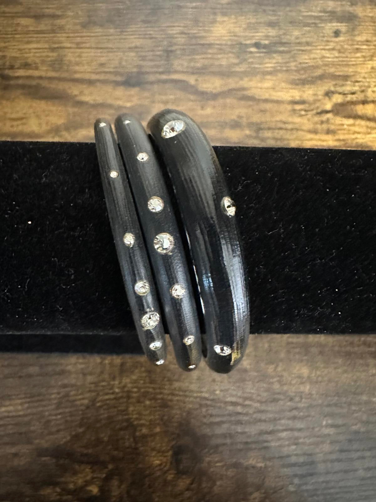 3 Alexis Bittar Smokey Gray Black Lucite Bangles With Crystal Embellishments