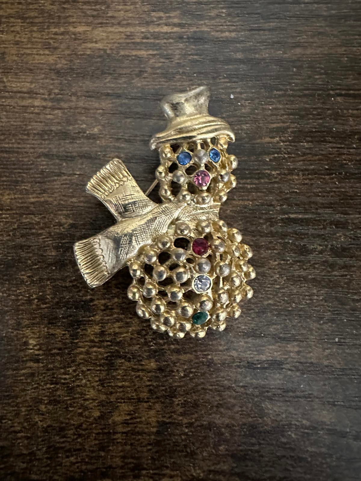 1970’s Snowman Brooch With Rhinestone Embellishments
