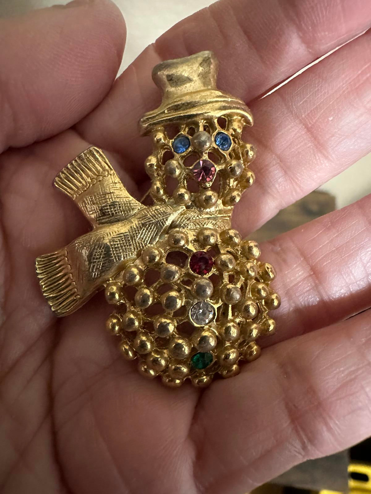 1970’s Snowman Brooch With Rhinestone Embellishments