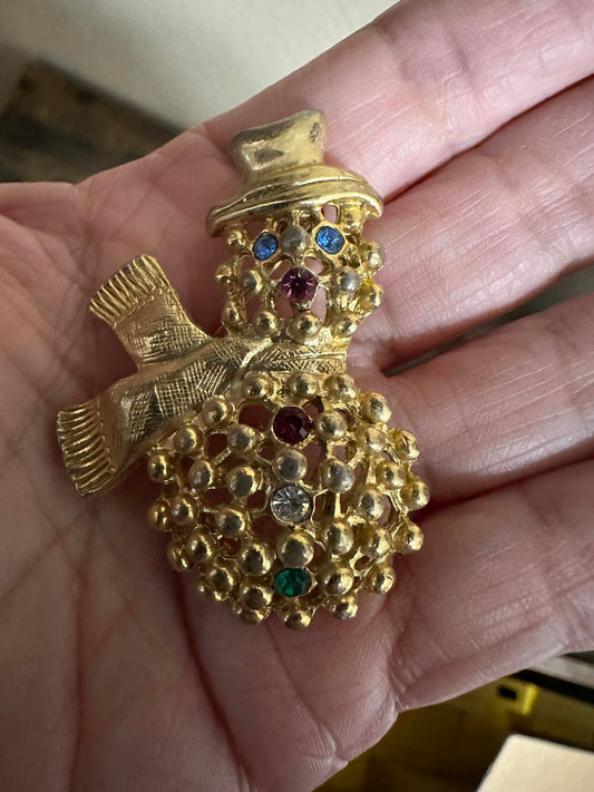 1970’s Snowman Brooch With Rhinestone Embellishments