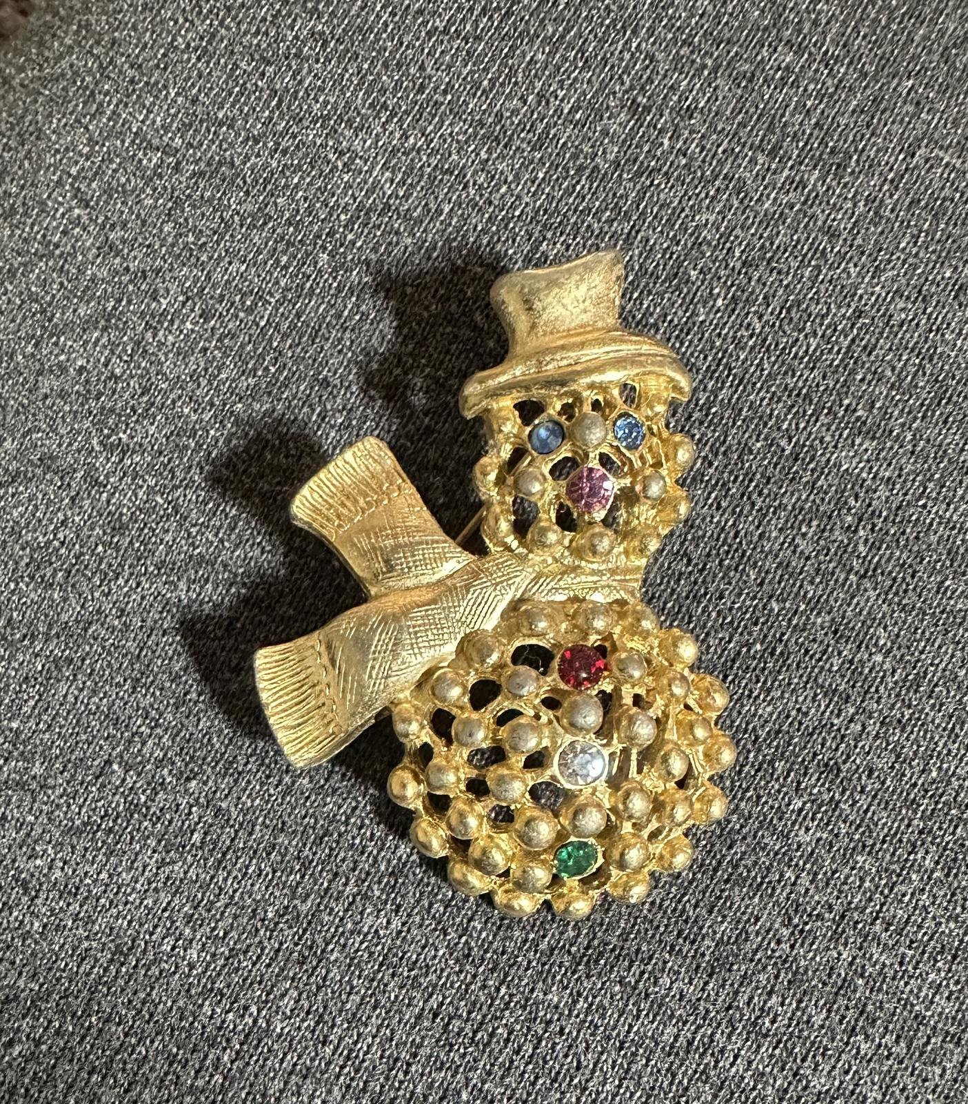 1970’s Snowman Brooch With Rhinestone Embellishments