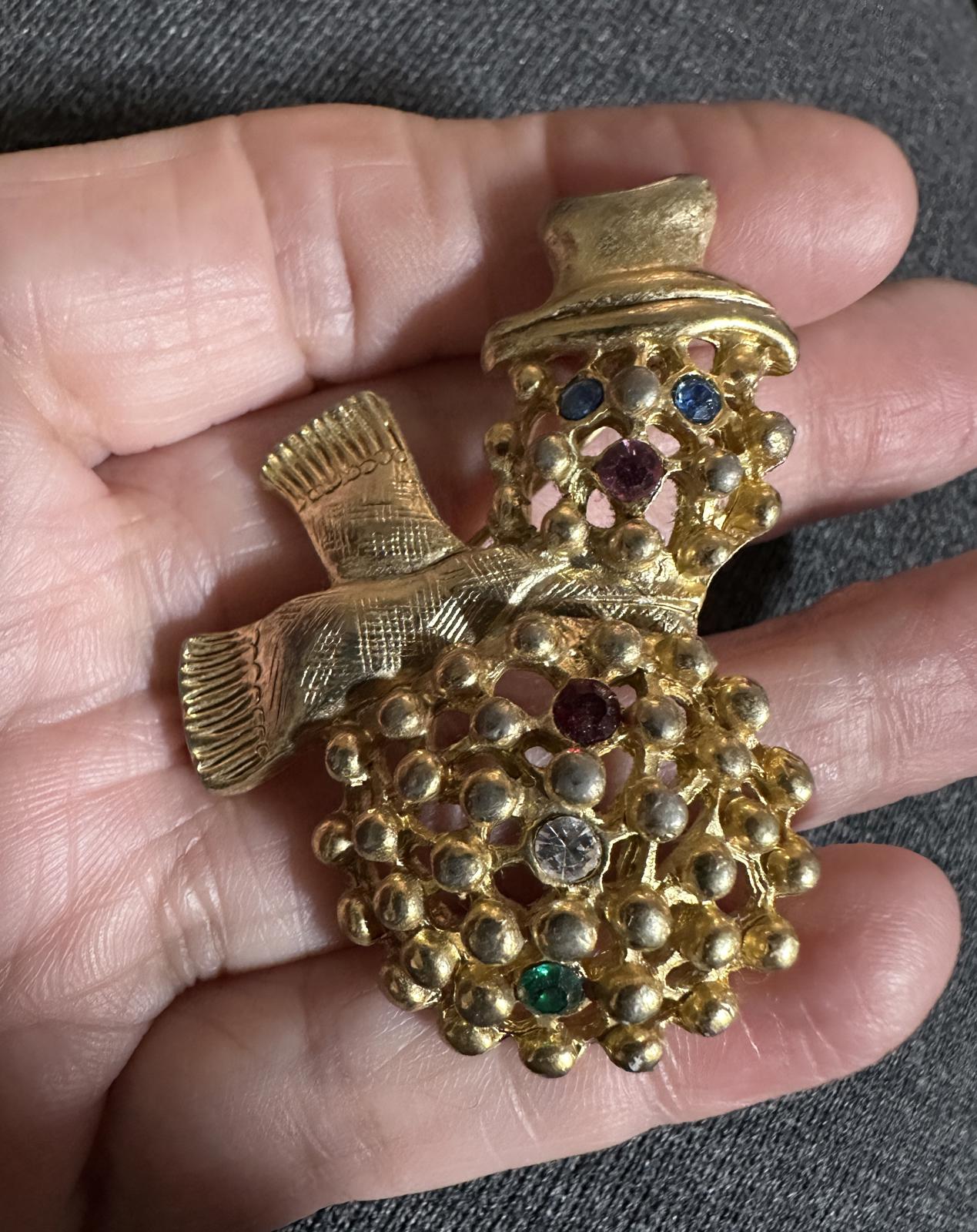 1970’s Snowman Brooch With Rhinestone Embellishments